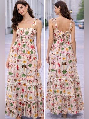 Sleeveless Printed Maxi Dress in Cream with Colorful Motifs